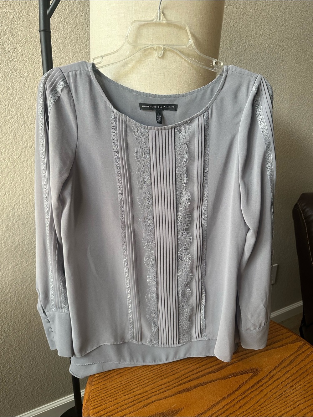 White House Black Market Light Gray Lace & Pintuck Blouse